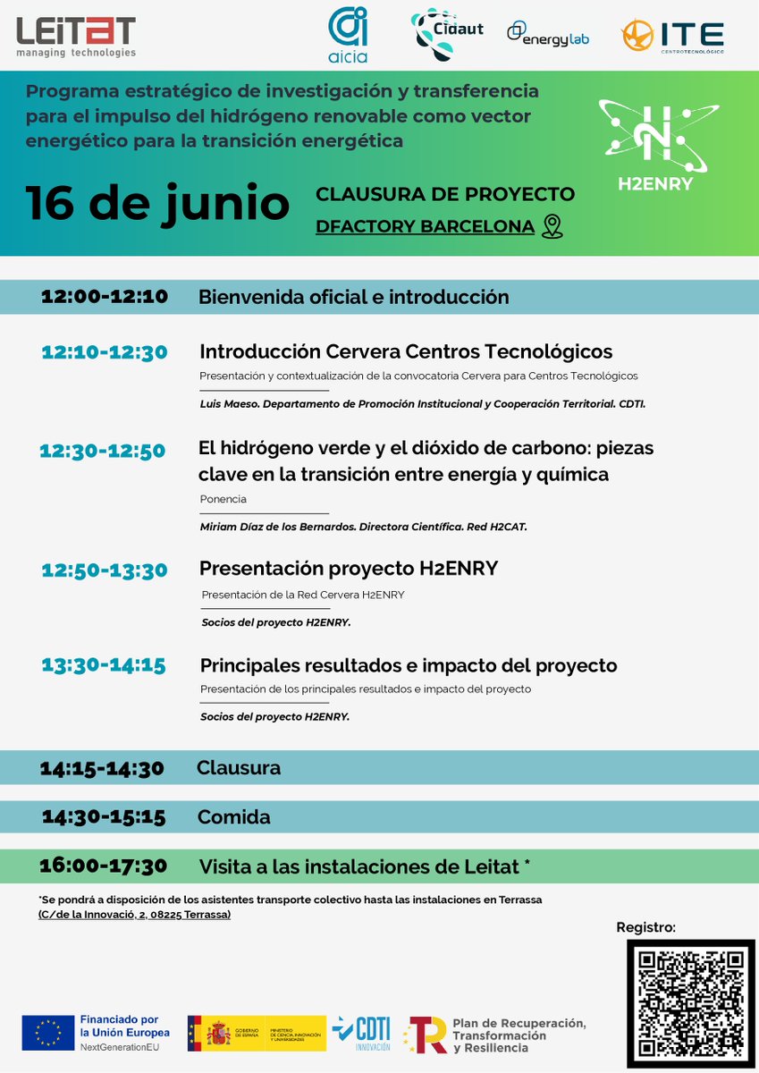 🚀 Evento de cierre del <a href="/ProyectoH2ENRY/">H2ENRY</a>, organizado por #Leitat.

♻️ Compartiremos los principales resultados del proyecto, clave en la transición hacia una economía climáticamente neutra.

🔗 Inscripción gratuita (plazas limitadas): docs.google.com/forms/d/e/1FAI…

¡Te esperamos! 📌