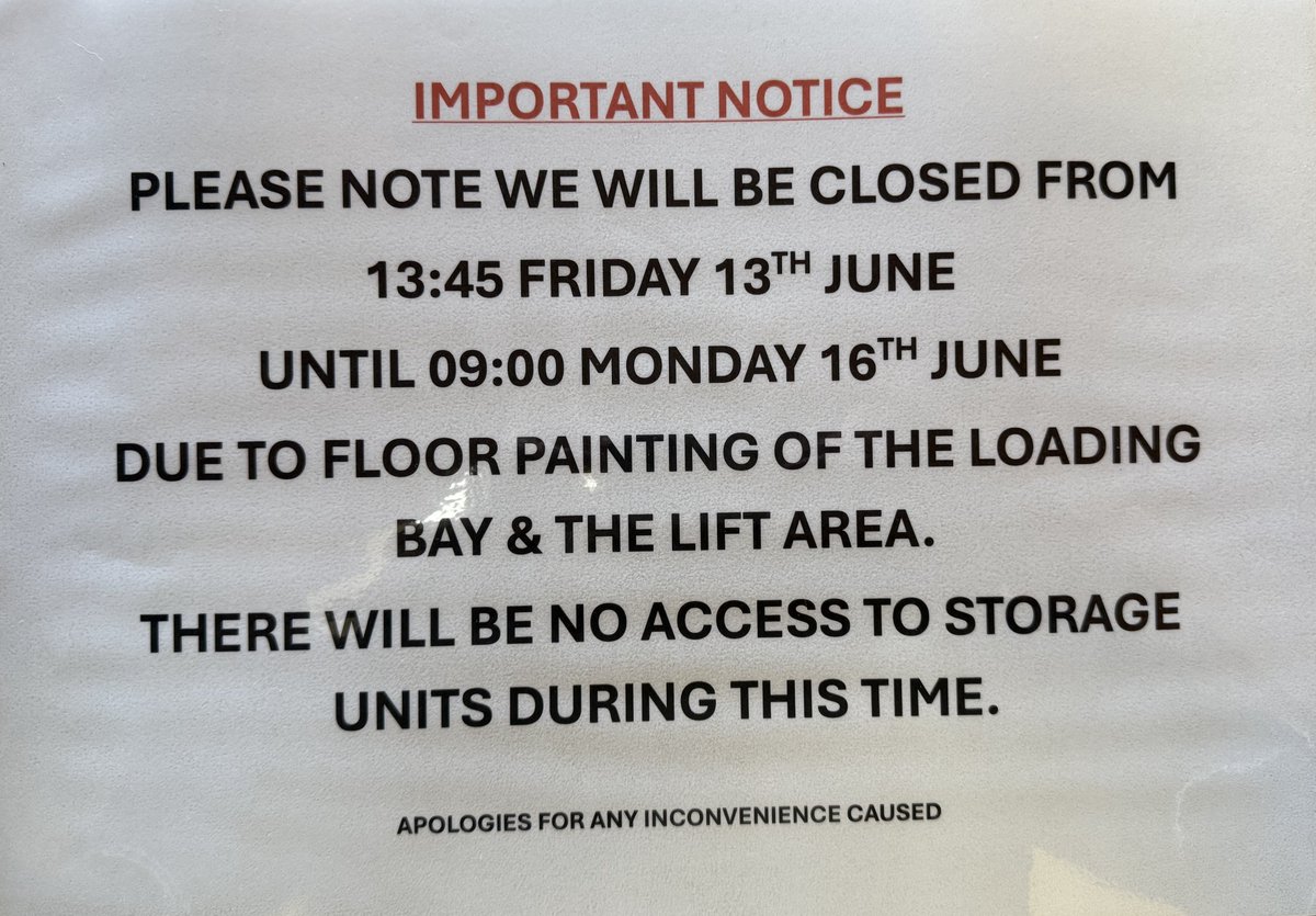 IMPORTANT NOTICE‼️

We will be closed from 13.45 Friday 13th June to allow for some essential maintenance works to be carried out.

Access to units will be restricted during this time.
We will be  open as normal from 09.00 Monday 16th June.

Thank you for your understanding🦘