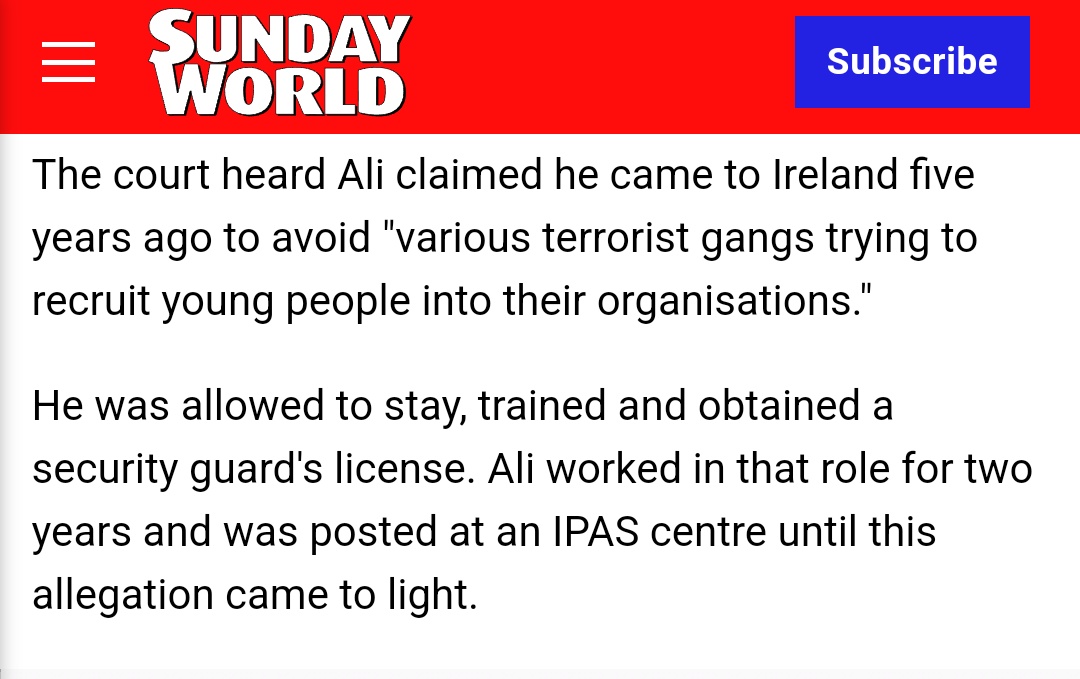 🇮🇪 "DISGUSTED," "SOMETHING WET ON THE BACK OF MY LEG"

Somalian 'refugee' jailed for 8 months for sexually assaulting Irish woman by ejaculating on her on a tram.

Abdiweli Ali has also been working security at a refugee centre recently.

The victim is traumatized.

<a href="/TheFlareNews/">The Flare</a>