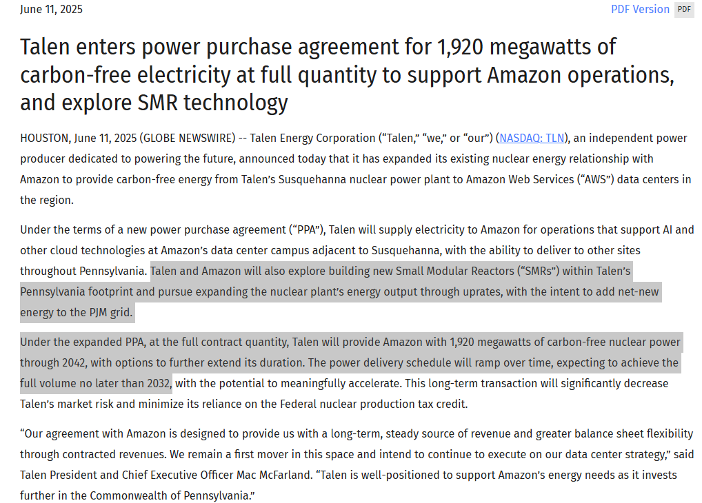 ShanuMathew93's tweet photo. NEWS: Talen Energy announced a new 1,920 MW PPA with Amazon at Susquehanna, expanding from 960 MW total capacity in the original agreement (existing including 300 MW BTM and FERC rejected expansion to 480 MW). AWS aims for full delivery by 2032 through 2042. AMZN will keep 300 MW BTM in the interim and move to FTM after grid connection is established to reduce regulatory hurdles and transmission costs. Seems to imply low $80s-MWh relative to the ramp provided in the deck & 95% utilization This aligns with recent headline on Amazon's $20bn PA datacenter plans.