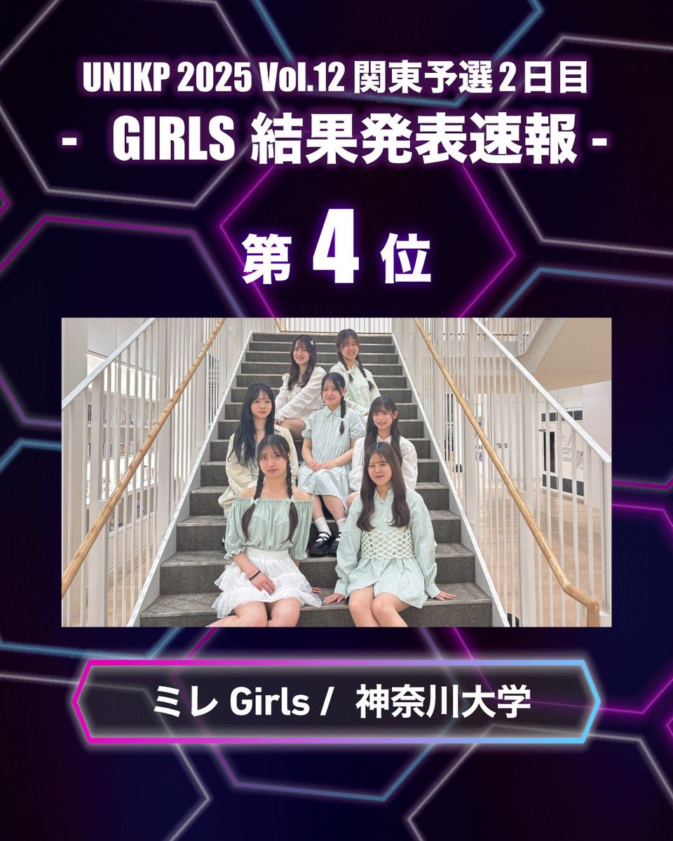 unikp_official's tweet image. ［ #UNIKP 2025 Vol.12 関東予選 ］

▶　GIRLS RESULT（D-2）

🥇 Couleur Libre Girls / 帝京大学
🥈 nova Girls / 早稲田大学
🥉 dollyz* / 立正大学
4️⃣ ミレGirls / 神奈川大学

おめでとうございます 💐 ྀི