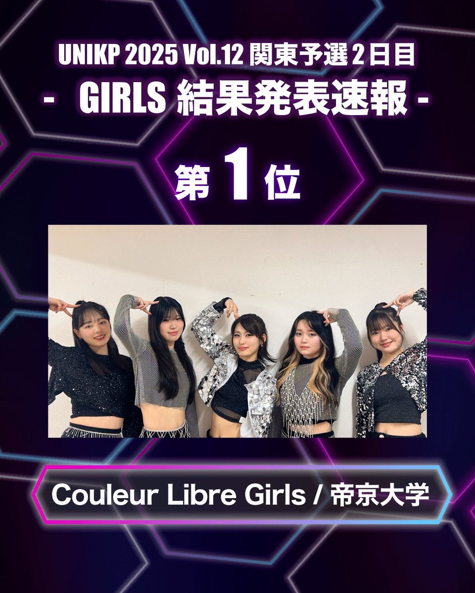 unikp_official's tweet image. ［ #UNIKP 2025 Vol.12 関東予選 ］

▶　GIRLS RESULT（D-2）

🥇 Couleur Libre Girls / 帝京大学
🥈 nova Girls / 早稲田大学
🥉 dollyz* / 立正大学
4️⃣ ミレGirls / 神奈川大学

おめでとうございます 💐 ྀི