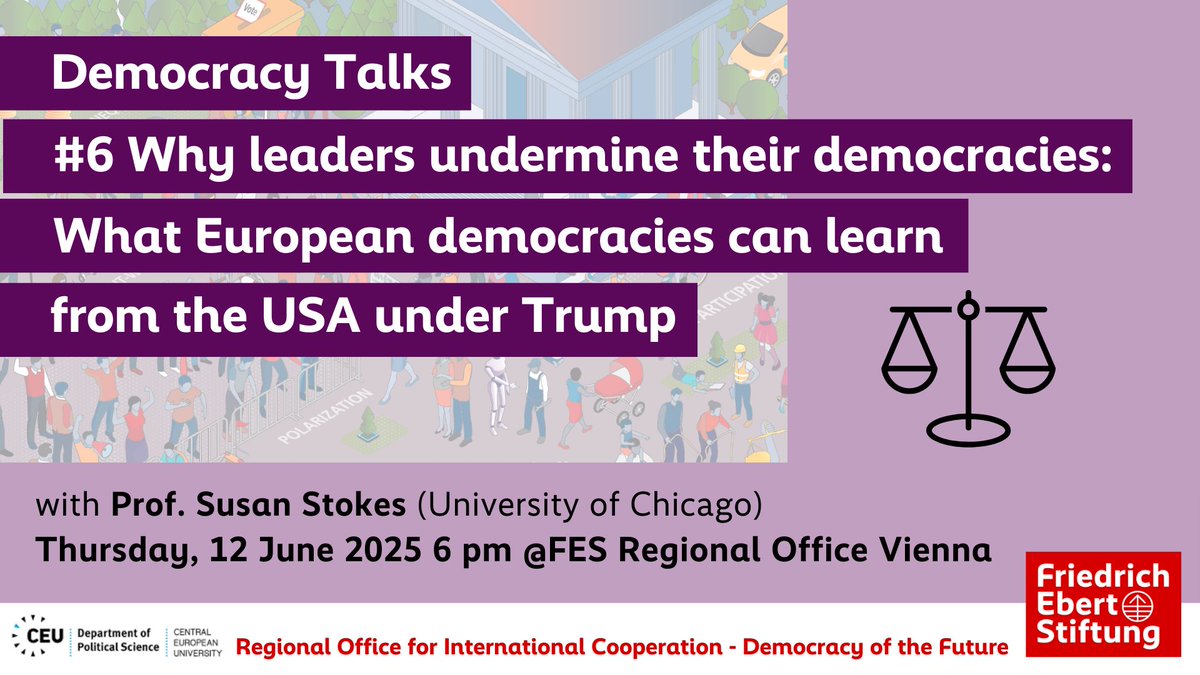 FES Democracy of the Future (@fes_democracy) on Twitter photo 🕕Tomorrow at 6:00 PM
📣#Democracy Talk: Why leaders undermine their democracies: What #European democracies can learn from the USA under #Trump
with Prof. Susan Stokes from <a href="/UChicago/">The University of Chicago</a>
🤝in cooperation with <a href="/ceu/">Central European University</a>'s Department of PolSci
Register here 👉democracy.fes.de/event-registra… 🕕Tomorrow at 6:00 PM
📣#Democracy Talk: Why leaders undermine their democracies: What #European democracies can learn from the USA under #Trump
with Prof. Susan Stokes from <a href="/UChicago/">The University of Chicago</a>
🤝in cooperation with <a href="/ceu/">Central European University</a>'s Department of PolSci
Register here 👉democracy.fes.de/event-registra…