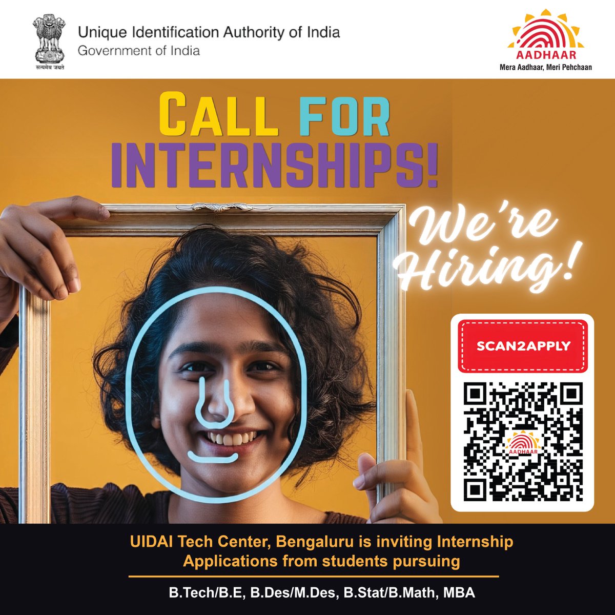 📢Calling all bright minds! 

#UIDAI is looking for passionate interns pursuing B.Tech/B.E, B.Des/M.Des, B.Stat/B.Math, MBA at Technology Center, Bengaluru.

Click here to apply now: docs.google.com/forms/d/e/1FAI…