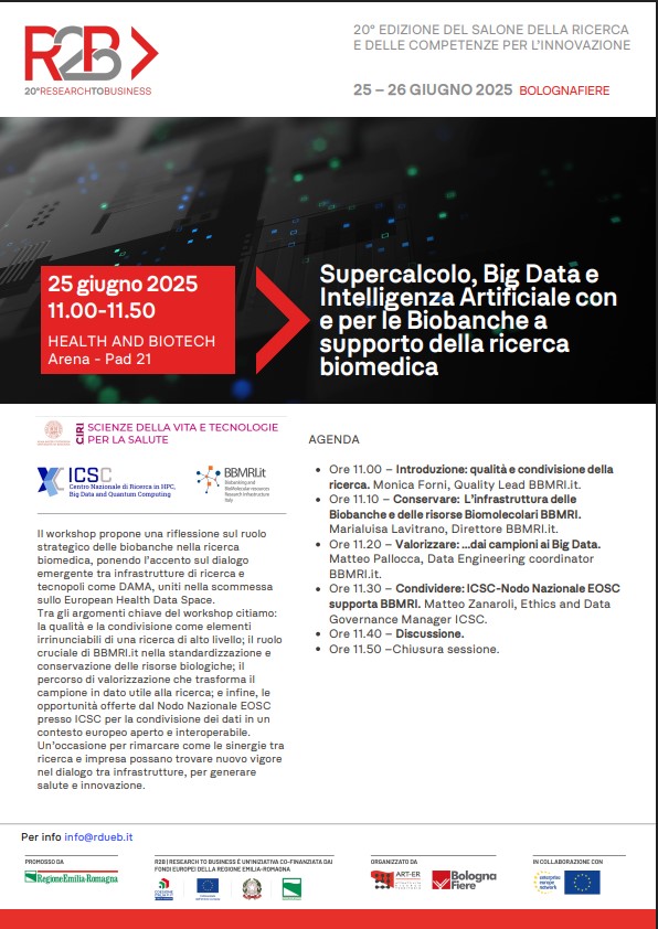 BBMRI_it (@bbmri_it) on Twitter photo Workshop BBMRI.it e <a href="/ICSC_Computing/">SuperComputing ICSC</a> per discutere di Biobanche, AI, Big Data e Supercalcolo. Quali applicazioni di queste tecnologie per una ricerca biomedica europea aperta e interoperabile?
Dove: Fiera #R2B2025 - Padiglione 21, BolognaFiere, 25/6/25, h 11 Workshop BBMRI.it e <a href="/ICSC_Computing/">SuperComputing ICSC</a> per discutere di Biobanche, AI, Big Data e Supercalcolo. Quali applicazioni di queste tecnologie per una ricerca biomedica europea aperta e interoperabile?
Dove: Fiera #R2B2025 - Padiglione 21, BolognaFiere, 25/6/25, h 11