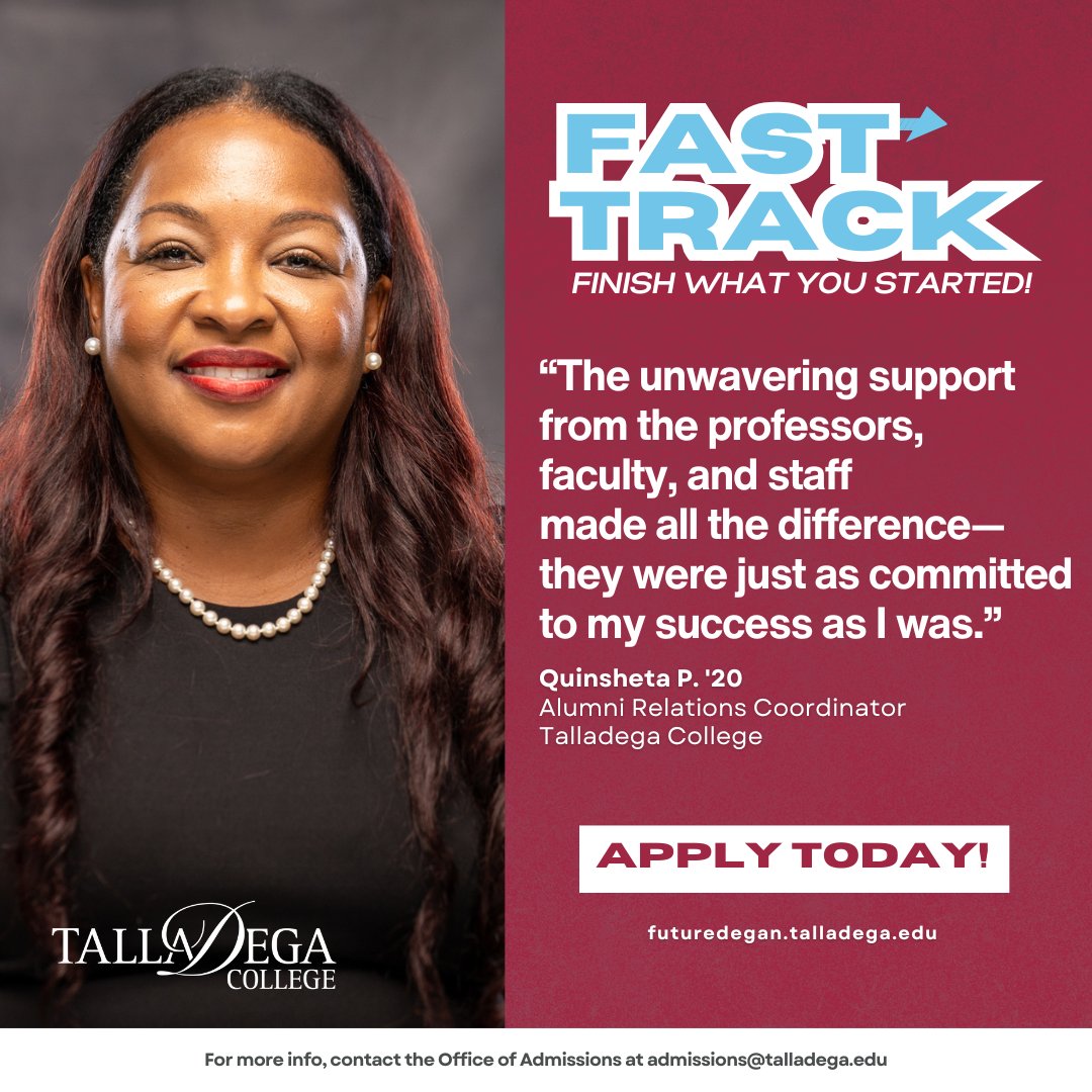Talladega_1867's tweet image. ✨“They believed in me as much as I believed in myself.” – Quinsheta, #FastTrack Grad

Finish what you started.
📚 100% Online
🏁 Finish in 18 months
🚀 Capstone in just 7 weeks
🎯 Your degree. Your pace. Your future.

🔗 Apply today | futuredegan.talladega.edu