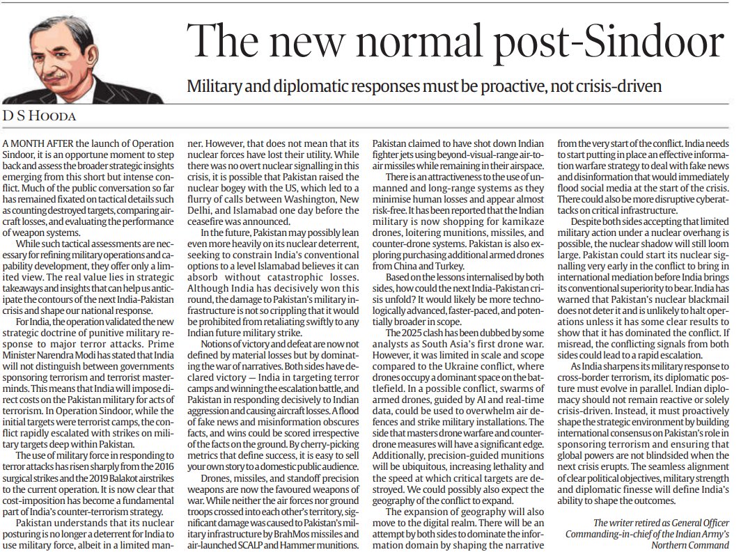 The Greater Bharat (@_greater_bharat) on Twitter photo Key takeaways from article post #OperationSindoor by <a href="/LtGenHooda/">Lt Gen D S Hooda</a>
1. Cost imposition - now fundamental part of Bharat's 🇮🇳 counter terrorism strategy.
2. Notions of victory or loss are now NOT defined by material losses, but by dominating the war of narratives.
3. By cherry Key takeaways from article post #OperationSindoor by <a href="/LtGenHooda/">Lt Gen D S Hooda</a>
1. Cost imposition - now fundamental part of Bharat's 🇮🇳 counter terrorism strategy.
2. Notions of victory or loss are now NOT defined by material losses, but by dominating the war of narratives.
3. By cherry