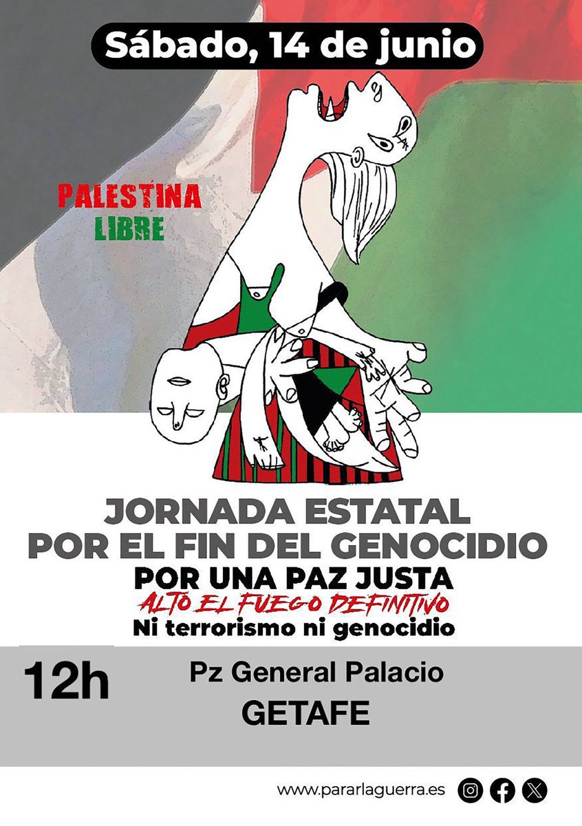 ❗️Este sábado 14 de junio nos concentramos en #Getafe para pedir el alto fuego definitivo en Gaza. Ni terrorismo ni genocidio. A las 12h en la Plaza General Palacio.