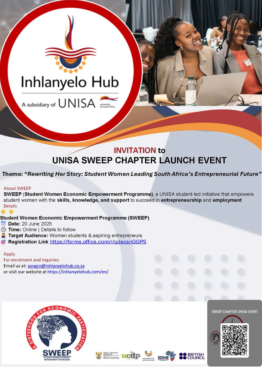 Inhlanyelo_hub's tweet photo. #Join us for the #UNISA #SWEEP Chapter Launch @USAf_ORG @unisa @unisaradio
#Theme: Rewriting Her Story: Student Women Leading SA’s Entrepreneurial Future
20 June 2025 📌 Register: https://t.co/6L93QnLP3e
#SWEEP #EDHE #UCDP #BritishCouncil #UniversitiesSA #HigherEducation https://t.co/RYstZVMv6g
