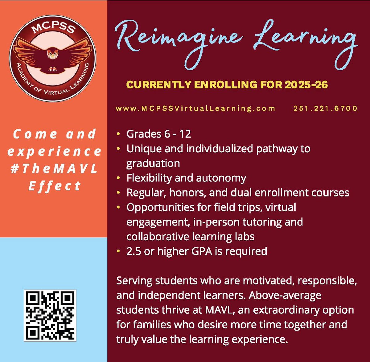Dr. Valerie Johnson, NBCT (@johnsonvalal) on Twitter photo 🚀 Unlock Your Potential with <a href="/MCPSSVirtual/">MCPSS Academy of Virtual Learning</a> 📚💻
Are you looking for a flexible, high-quality education that fits your schedule? MAVL offers students the opportunity to learn anytime, anywhere, with top-notch educators and engaging coursework. #TheMAVLEffect 🚀 Unlock Your Potential with <a href="/MCPSSVirtual/">MCPSS Academy of Virtual Learning</a> 📚💻
Are you looking for a flexible, high-quality education that fits your schedule? MAVL offers students the opportunity to learn anytime, anywhere, with top-notch educators and engaging coursework. #TheMAVLEffect