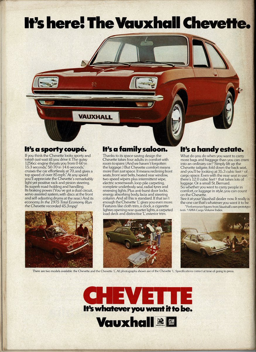 Crumbs. I missed the 50th birthday of the Vauxhall Chevette. Here's the June 1975 launch advert. Unlike the Fiat 127 and Renault 5, the Chevette was rear wheel drive, and somehow never had the same following that those achieved, or the slightly later 1976 Ford Fiesta.