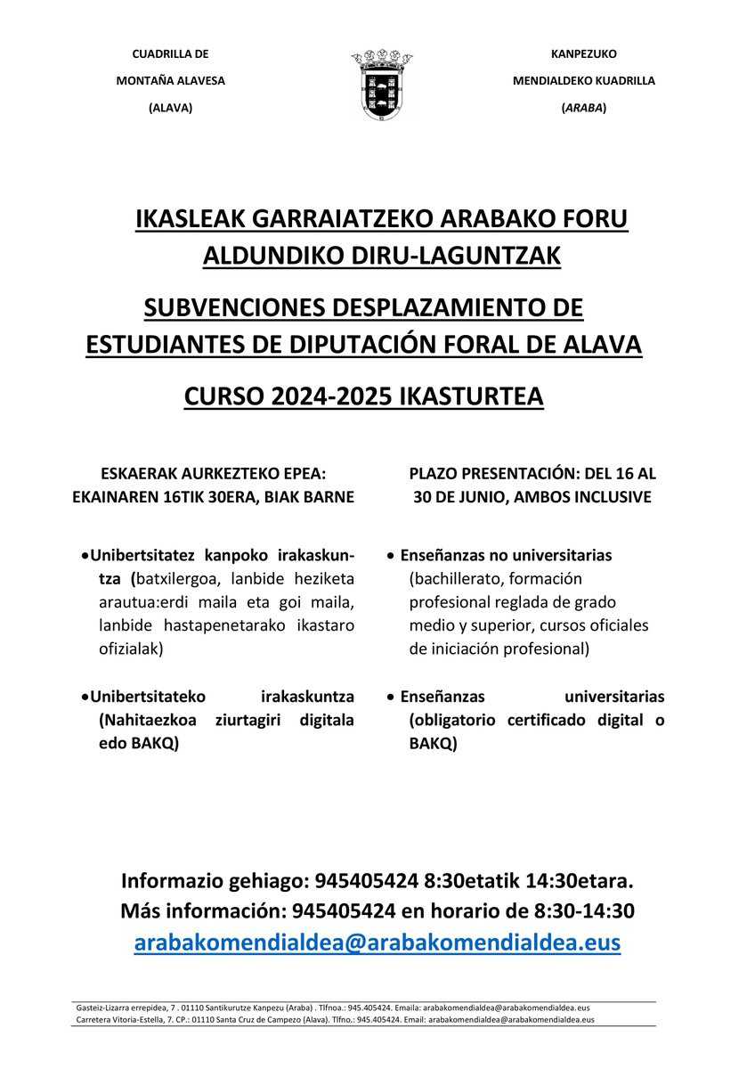 📢📢
Ikasleak garraiatzeko Arabako Foru Aldundiko diru-laguntzak / 2024-2025 ikasurtea
🗓️ESKAERAK AURKEZTEKO EPEA: EKAINAREN 16TIK 30ERA, BIAK BARNE