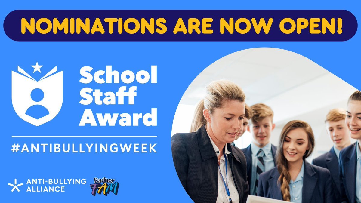 Anti-Bullying Alliance #AntiBullyingWeek (@abaonline) on Twitter photo š¢CALLING ALL PUPILSš¢
Do you know a teacher or member of school staff who is a great anti-bullying ambassador?
Nominations are now open for our #SchoolStaffAward with amazing prizes to be won! <a href="/Radnorhills/">Radnor Hills Spring Water & Soft Drinks</a> <a href="/BulliesOut/">BulliesOut</a>
Make your nominations now š bit.ly/4jSDndq š¢CALLING ALL PUPILSš¢
Do you know a teacher or member of school staff who is a great anti-bullying ambassador?
Nominations are now open for our #SchoolStaffAward with amazing prizes to be won! <a href="/Radnorhills/">Radnor Hills Spring Water & Soft Drinks</a> <a href="/BulliesOut/">BulliesOut</a>
Make your nominations now š bit.ly/4jSDndq