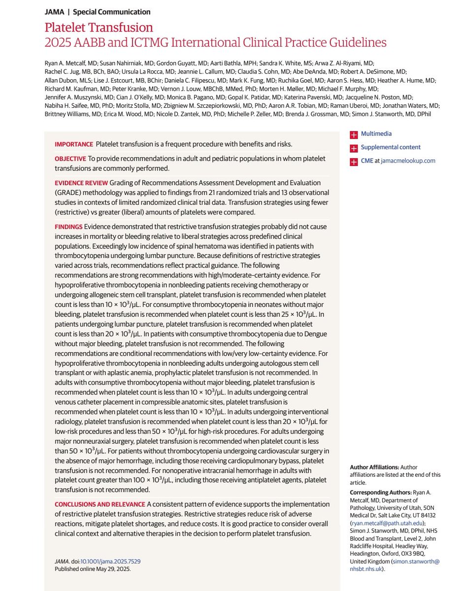 🧵🔬Transfusión de Plaquetas - Guía AABB/ICTMG 2025
¿Más plaquetas = menos sangrado? 💉
🩸¿Cuándo transfundir realmente?
Lo nuevo en adultos y pediatría según la evidencia más reciente (JAMA 2025)
1️⃣📊¿Qué analizó la guía?
▪️21 ensayos clínicos
▪️13 estudios observacionales