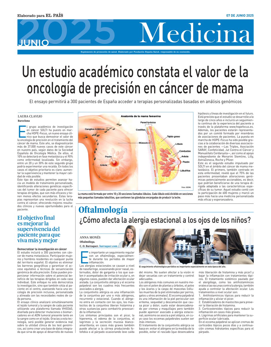 SOLTI #cancerresearch (@_solti) on Twitter photo 🗞️¡El sábado pasado <a href="/elpais_espana/">EL PAÍS España</a> dedicó su portada de la sección Medicina a nuestro estudio HOPE-Focus!
🧬Gracias a esta iniciativa, 300 pacientes en España podrán acceder a terapias personalizadas basadas en análisis genómicos, abriendo nuevas puertas en el tratamiento contra 🗞️¡El sábado pasado <a href="/elpais_espana/">EL PAÍS España</a> dedicó su portada de la sección Medicina a nuestro estudio HOPE-Focus!
🧬Gracias a esta iniciativa, 300 pacientes en España podrán acceder a terapias personalizadas basadas en análisis genómicos, abriendo nuevas puertas en el tratamiento contra