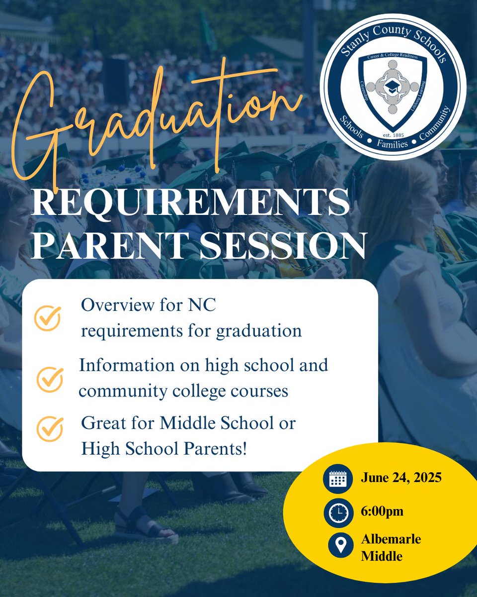 StanlySchools's tweet image. Graduation Requirements Parent Session- Mark your calendar!

Stanly County Schools' Curriculum &amp;amp; Instruction team, in collaboration with Stanly Community College, will be offering another parent session on June 24th! 
Hope to see you there!