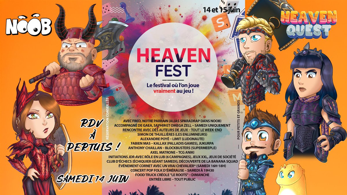gaeaguildenoob's tweet image. Ce samedi, NOOB est invité au Heaven Fest 2025 à la boutique Heaven Quest de Pertuis ! J&apos;y serai toute la journée avec Sparadrap, Saphir, T-man, et Omega Zell ! Venez tester des jeux de plateau / JDR avec nous ! @FredZolf @Omegazell @TManGD @Olydri_Noob
Infos :…