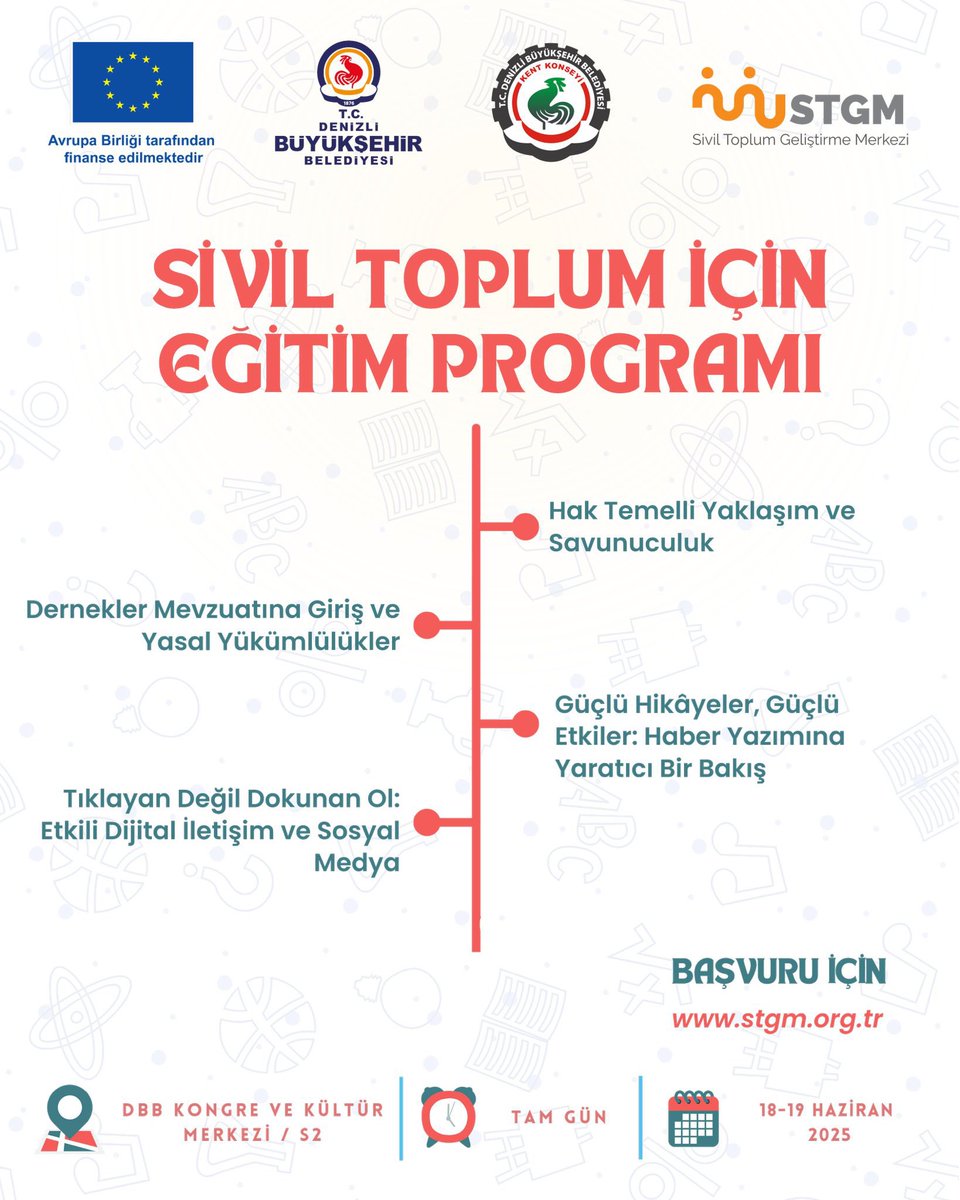 Denizli Büyükşehir Belediyesi Kent Konseyi ve Sivil Toplum Geliştirme Merkezi ortaklığında 18-19 Haziran 2025 tarihlerinde Denizli Büyükşehir Belediyesi Kongre ve Kültür Merkezi Salon 2'de.

Başvuru için;

stgm.org.tr/stgm-egitimler…

<a href="/tcdenizlibld/">T.C. Denizli Büyükşehir Belediyesi🇹🇷</a>
