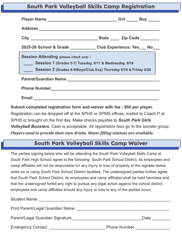 South Park Eagles Athletics (@spsd_athletics) on Twitter photo South Park Boys & Girls Volleyball Skills Camps are rapidly approaching! The camps are for students entering grades 5-9 this Fall. Sign up today! #SPSoars South Park Boys & Girls Volleyball Skills Camps are rapidly approaching! The camps are for students entering grades 5-9 this Fall. Sign up today! #SPSoars