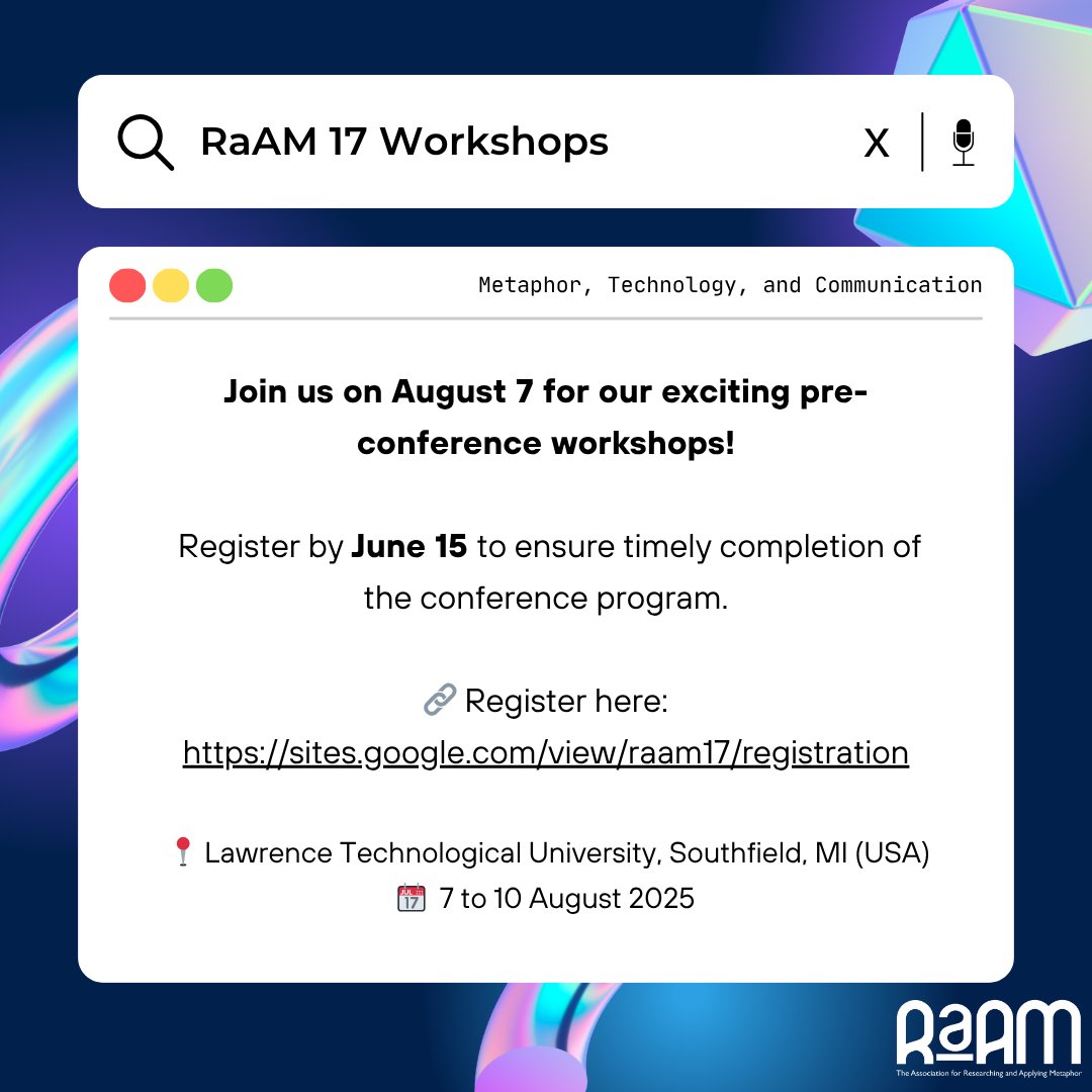 📍 RaAM 17 will take place at Lawrence Technological University, in Southfield, MI (USA), from 7 to 10 August 2025.  

📅 Register by June 15 to be included in the official conference program! 🔗 Register here: sites.google.com/view/raam17/re…
