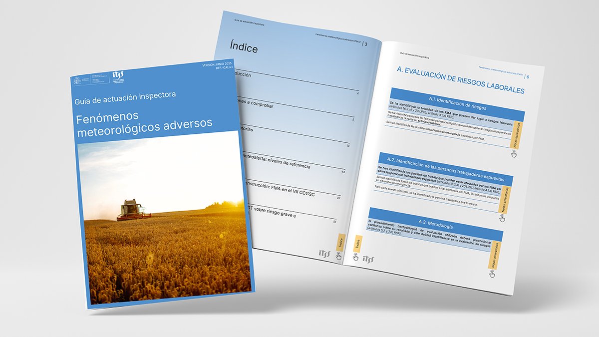 🚨 Publicada la "Guía de actuación inspectora sobre fenómenos meteorológicos adversos (FMA)" de la ITSS.
 📘 Este documento pretende facilitar a las empresas la comprobación de la gestión preventiva de los riesgos asociados a los FMA.
 🔗Consulta la guía:  bit.ly/4kz9orj