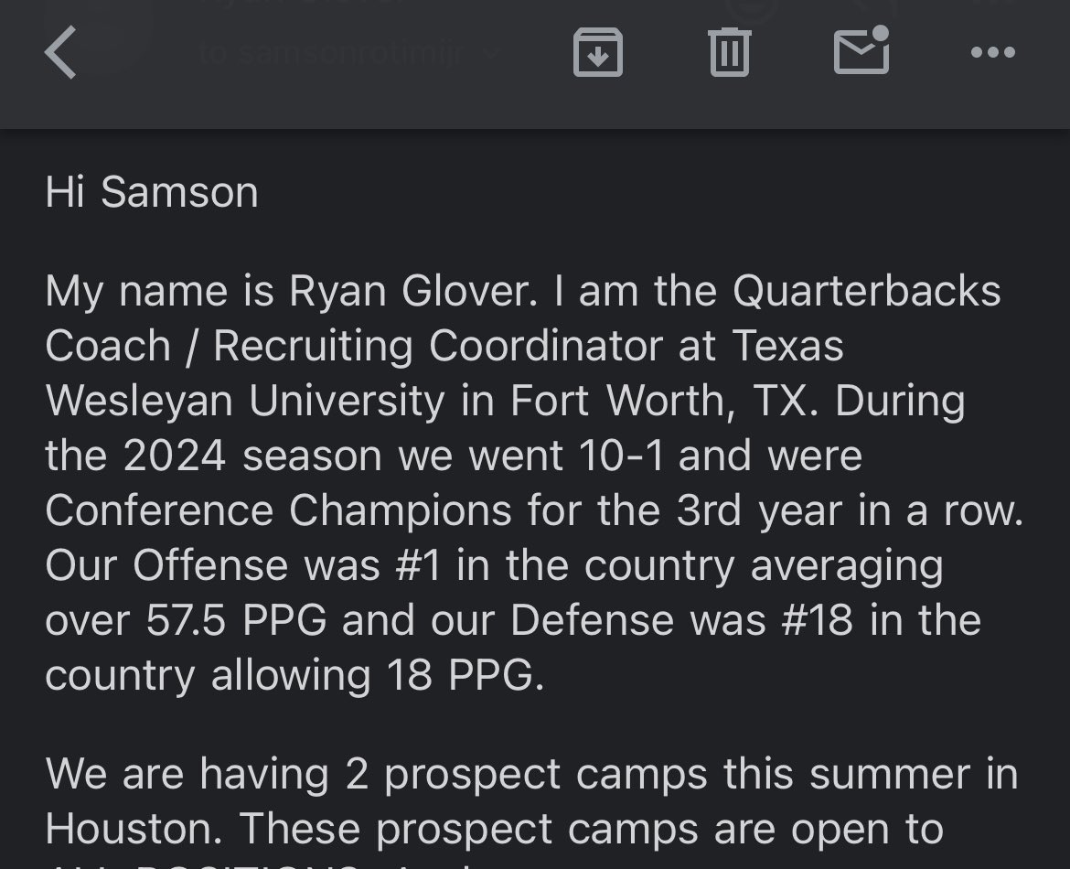 SamsonRotimiJr4's tweet image. Thanks for the camp invite. 📩

@Coach_RGlover @joe_rauls @TxWesFootball @CoachN_Sanchez @_CoachSamson @IAMRODG