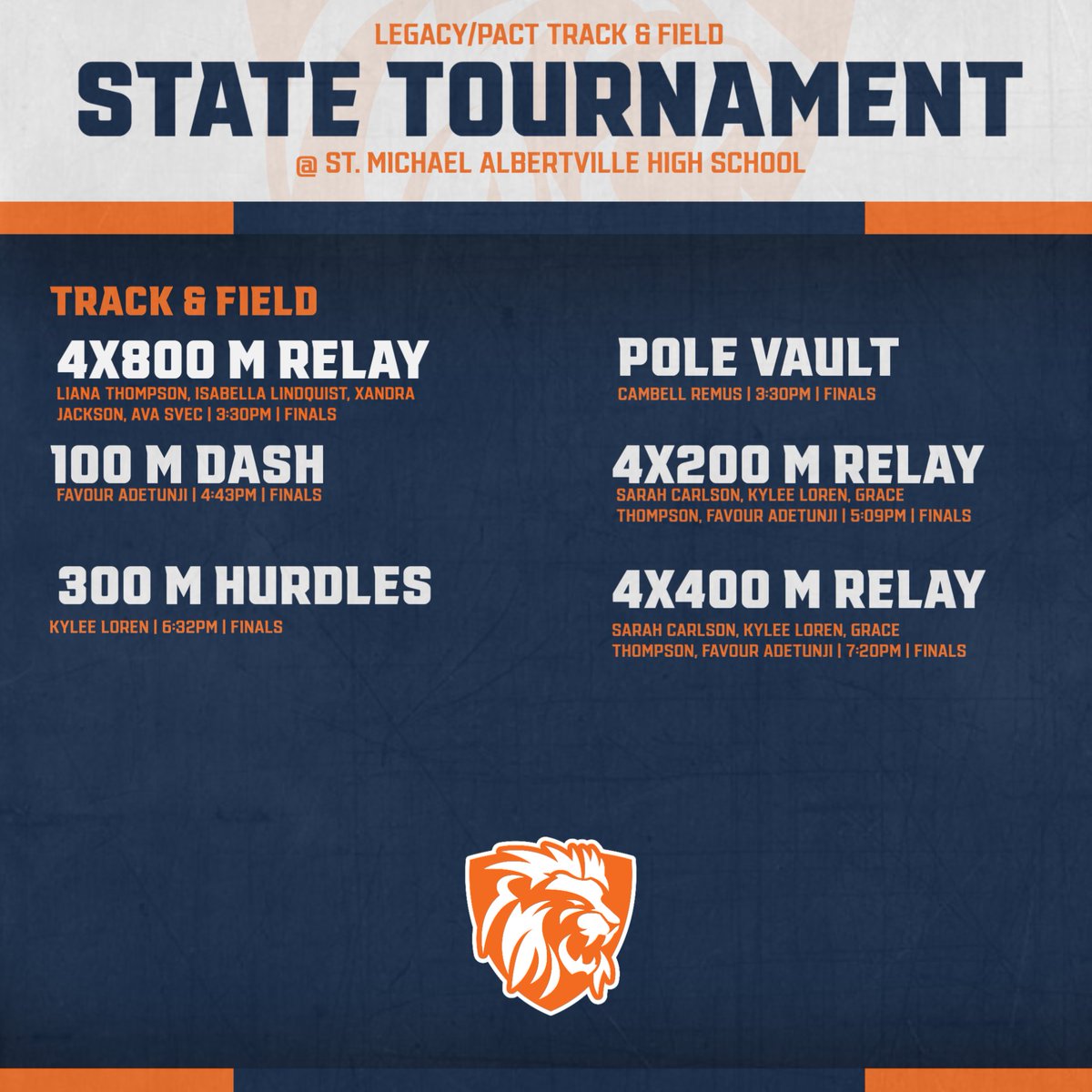 Legacy/Pact Track &amp; Field had some record breaking performances in the MSHSL Class A State Tournament yesterday and they continue their pursuit of a State Championship tonight at STMA. Head on over and cheer on these incredible student-athletes who represent us so well!