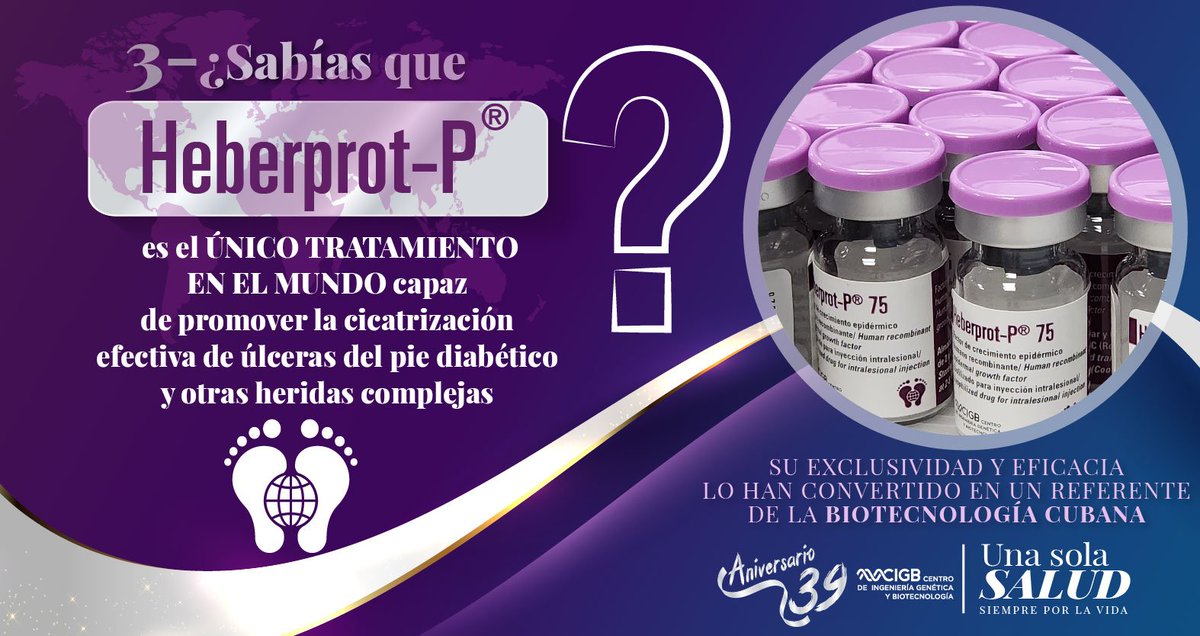 #CIGB39Aniversario | Sabías que el #Heberprot-P, desarrollado por el <a href="/CIGBCuba/">CIGBCuba</a>, es el único tratamiento en el mundo capaz de promover la cicatrización profunda de úlceras del pie diabético y otras heridas complejas?
¡39 años de ciencia con sello cubano!