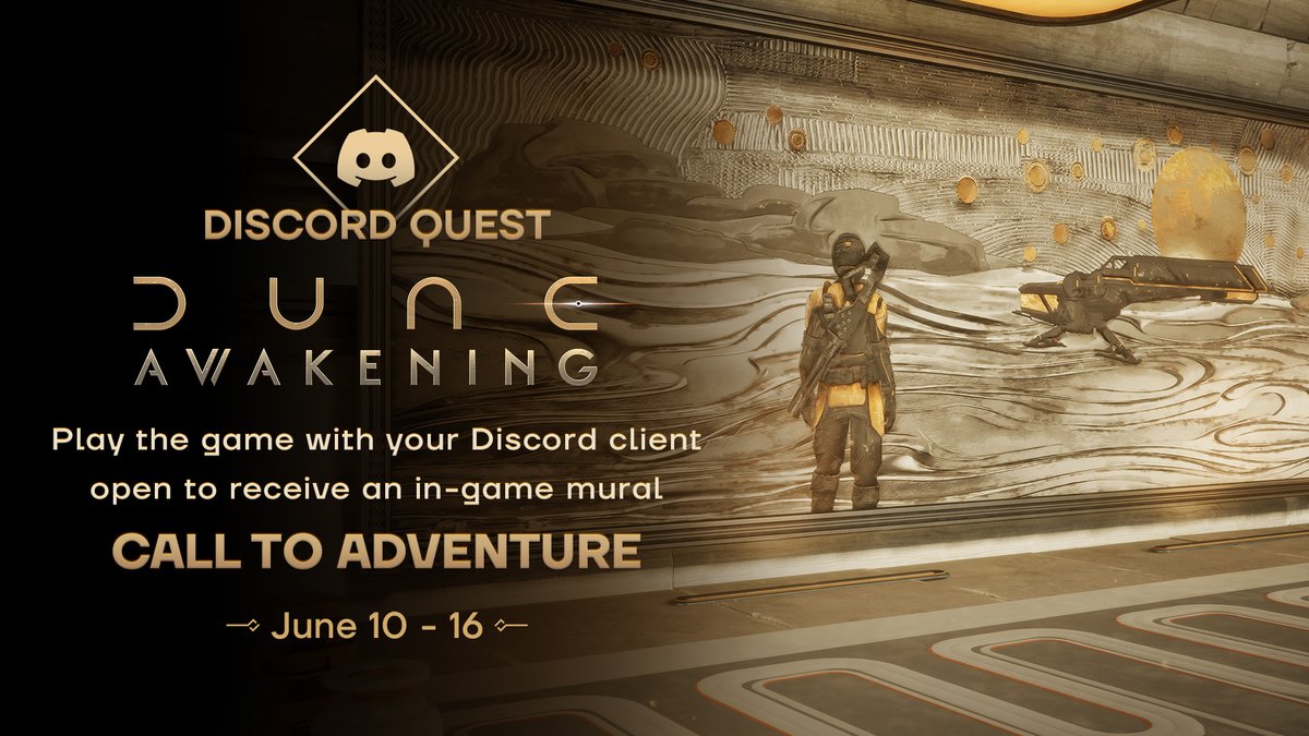 Accept the Discord Quest and play #DuneAwakening with your Discord client open to unlock an exclusive in-game mural! 🏜️

➡️ discord.com/quests/1380192…

This Discord Quest is available until June 16 and is only available in select regions.