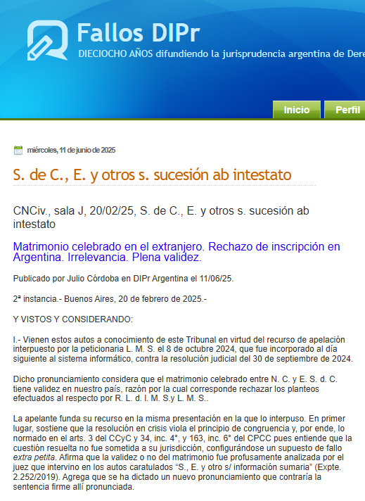DIPrArgentina's tweet photo. No es necesario inscribir el matrimonio celebrado en el extranjero para que sea válido en el país (para los que creen que el estado civil se fracciona por país) #FallosDIPr #DIPrArgentina #MatrimonioExtranjero https://t.co/C1QUW4XoVx