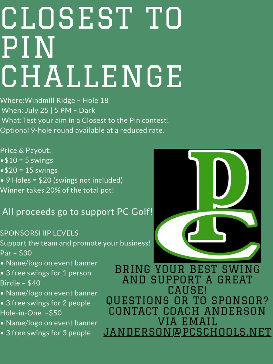 🏌️‍♂️ Get Ready to Tee Off! 🏌️‍♀️
Join us for a fun evening on the green at the Closest to the Pin Challenge!
📍 Windmill Ridge – Hole 18
📅 Thursday, July 25th
🕔 5:00 PM

All proceeds go to support the PC Golf Team! 🦅
Tag your golf crew and mark your calendars! ⛳️