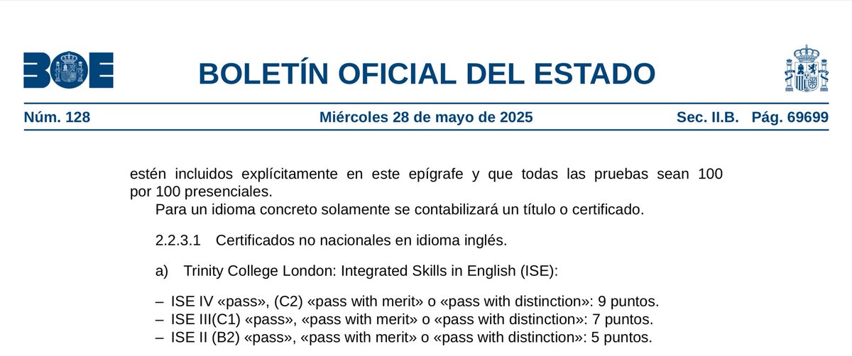 Si acreditas tu nivel de inglés con los certificados oficiales Trinity ISE obtendrás puntos para baremación de méritos académicos en las oposiciones de acceso a la Guardia Civil 2025... 🇬🇧

Infórmate en:
boe.es/boe/dias/2025/…
trinitycollege.com
elblogdetrinity.com