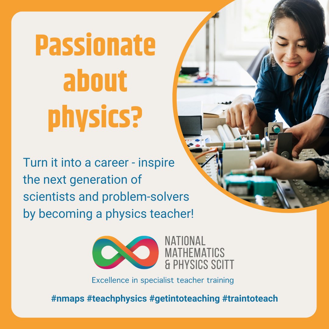 Ready to spark the next generation of physicists?  Thinking of teaching? There's still time to apply for our physics teacher training programme starting this August. Find out more: tinyurl.com/yca3sj72 #teachphysics #getintoteaching