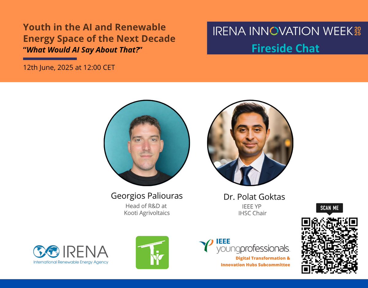 🌍 Join us at IRENA Innovation Week 2025!

💬 Fireside Chat: Youth in the AI &amp; Renewable Energy Nexus co-hosted by IEEE Young Professionals

🗓️ 12 June | 12:00–12:45 CET

#IRENAInnovationWeek #IEEEYP #AI #CleanEnergy #YouthLeadership #DigitalTransformation