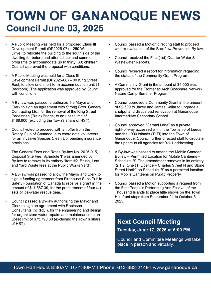 Town Hall | Update from Town Council

Providing details from our latest council meeting that took place on June 3, 2025.

Please note the next regular council meeting will take place on Tuesday, June 17, 2025. 📅

gananoque.ca/town-hall/meet…

Read Online: gananoque.ca/town-hall/139/…