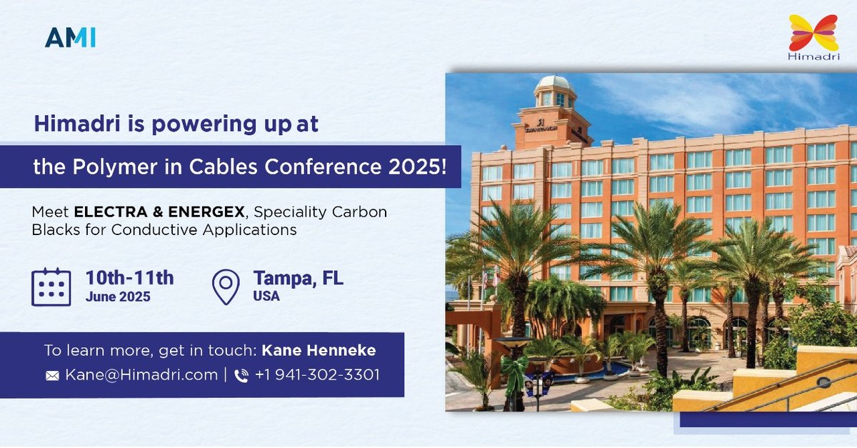 HimadriSpChem's tweet photo. โกJoin us in #Tampa, #Florida, on June 10โ11 as we showcase #๐๐๐๐๐๐๐ and #๐๐๐๐๐๐๐โ our high-performance speciality #carbonblacks for conductive applications.
#Himadri #PolymerInCables #Sustainability #Innovation #Conference2025 #TampaEvents @Contact_AMI https://t.co/hj0W3kkae4