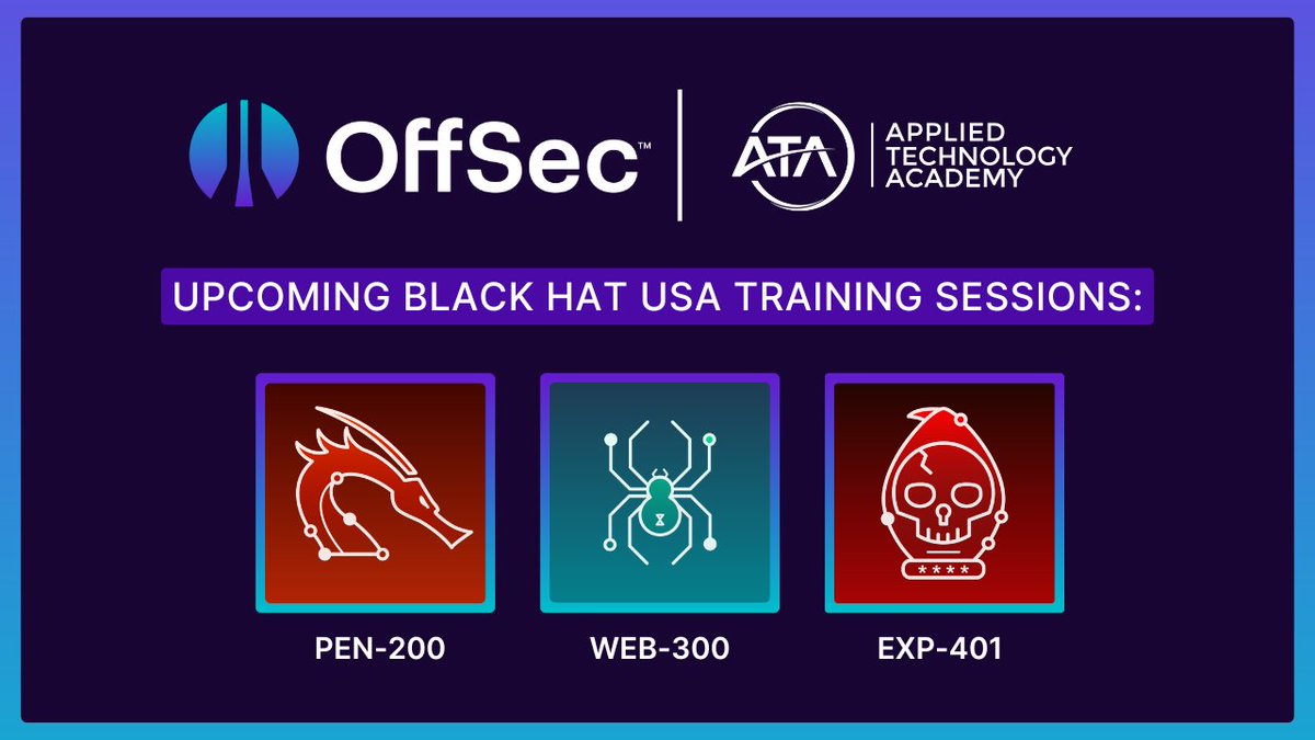 In partnership with <a href="/appliedtechac/">Applied Technology Academy</a> — our exclusive #BlackHat Training Partner — we’re thrilled to announce our upcoming OffSec Live Training sessions:

⦿ PEN-200: offs.ec/4jTmv5S 
⦿ WEB-300: offs.ec/43CXwyP 
⦿ EXP-401: offs.ec/3FS6MWs 

📅 Don’t miss