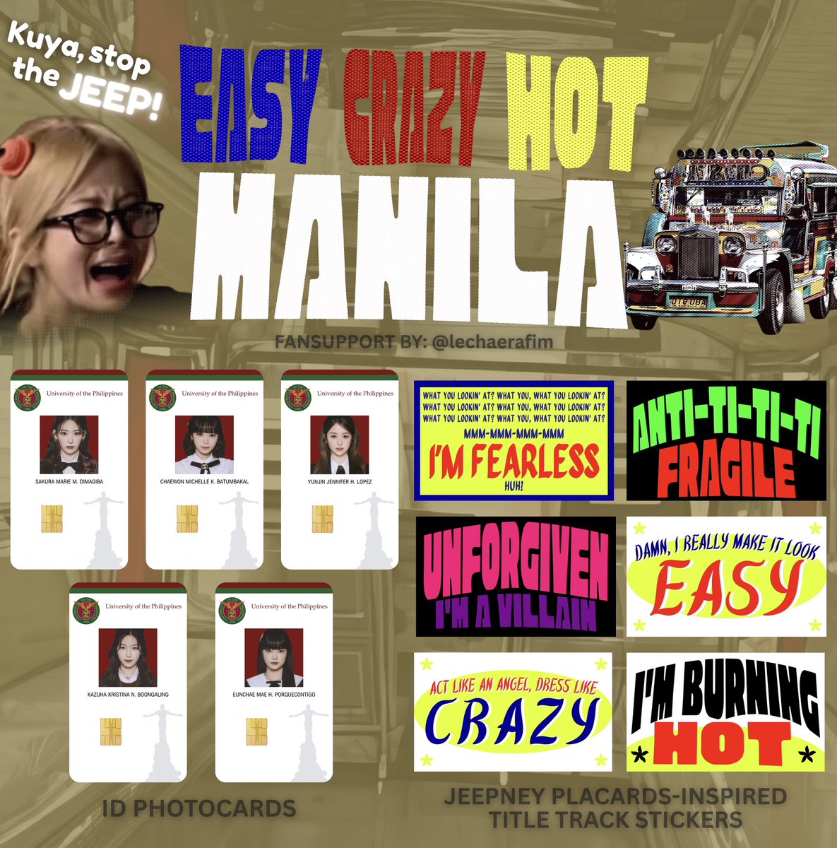 Jasefabian's tweet photo. LE SSERAFIM FREEBIES / FANSUPPORT by @lechaerafim 

— Like &amp; Rt
— Mbf (will go priv on d-day)
— 1:1 ratio (1 set of freebies includes 2 pcs and stickers!)
— LIMITED quantity
— open for trades

#EASY_CRAZY_HOT_IN_MANILA https://t.co/TPx5PvfbX4