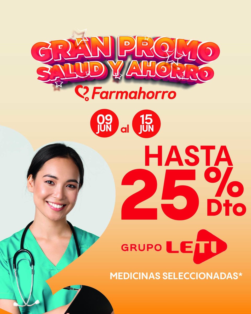 🎊 Aprovecha nuestra Gran Promo Salud y Ahorro 🎊

Ven y disfruta hasta 25% de descuento en medicinas seleccionadas @grupoleti

📍 Promoción válida a nivel nacional del 9 al 15 de junio del 2025

Farmahorro expertos en cuidarte ❤️

#farmahorro #descuentos #Promoción