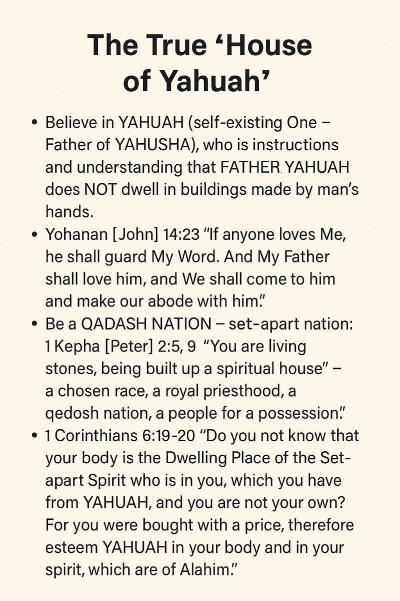 The Most High never said “Build Me a church.”
He said, “Obey My voice and guard My covenant” (Exo 19:5).
𐤉𐤄𐤅𐤄 doesn’t dwell in buildings made by man’s hands (Acts 17:24).
Truth isn’t found in pews—it’s found in obedience.
#ComeOutOfHer #TorahTruth