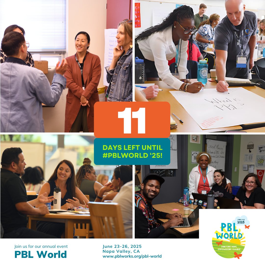 Only 11 days until #PBLWorld 2025!

Join us in Napa Valley, CA to begin and/or advance your PBL journey and connect with like-minded educators! Your journey in PBL awaits a new chapter, and we can't wait to welcome you to this experience.

🔗 pblworks.org/pbl-world