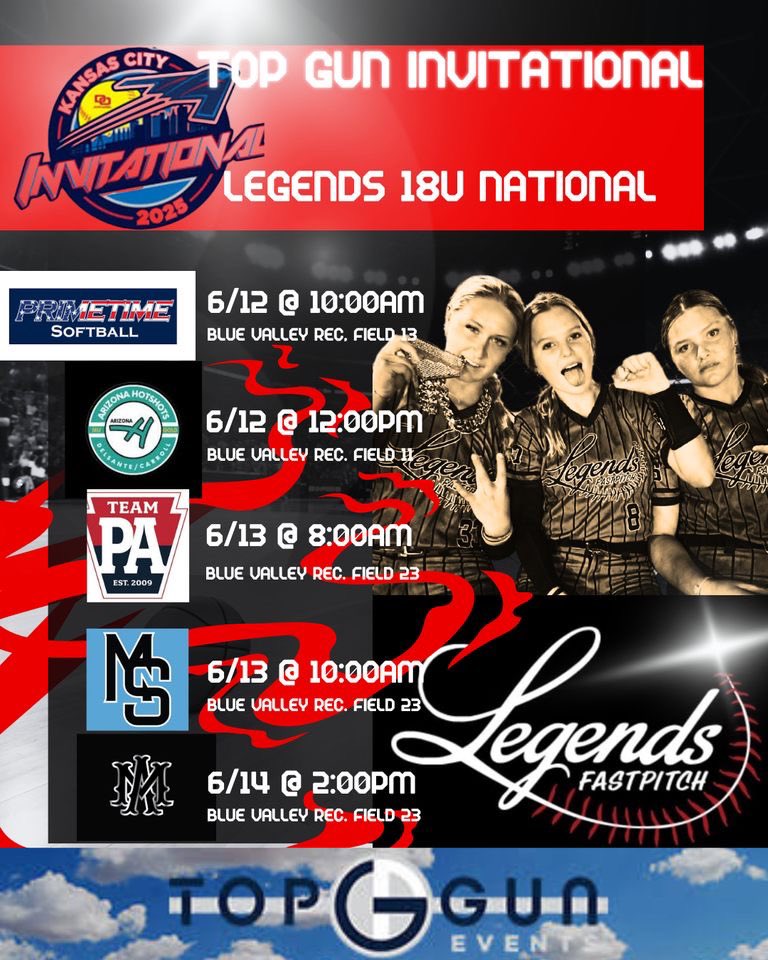 ‼️Off to Kansas this weekend for the Top Gun Invitational!  📆June 12-15 at Blue Valley Rec.~ Overland Park, KS. 
See you there! <a href="/TopGunEvents/">Top Gun Events</a> <a href="/Legends16uNat/">Legends FP 18u National</a> <a href="/NationsLance/">Lance Nations</a> <a href="/Josh_merritt21/">Josh Merritt</a>
