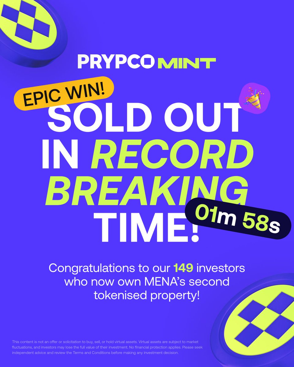 Amira Sajwani (@amira_h_sajwani) on Twitter photo In just under 2 minutes, 149 investors from 35 nationalities secured their stake in MENA’s second tokenised property on <a href="/PRYPCOMint/">PRYPCO Mint</a>, in strategic partnership with Dubai’s <a href="/Land_Department/">دائرة الأراضي والأملاك في دبي</a> – a defining moment for blockchain-powered real estate!
This rapid sell-out solidifies In just under 2 minutes, 149 investors from 35 nationalities secured their stake in MENA’s second tokenised property on <a href="/PRYPCOMint/">PRYPCO Mint</a>, in strategic partnership with Dubai’s <a href="/Land_Department/">دائرة الأراضي والأملاك في دبي</a> – a defining moment for blockchain-powered real estate!
This rapid sell-out solidifies