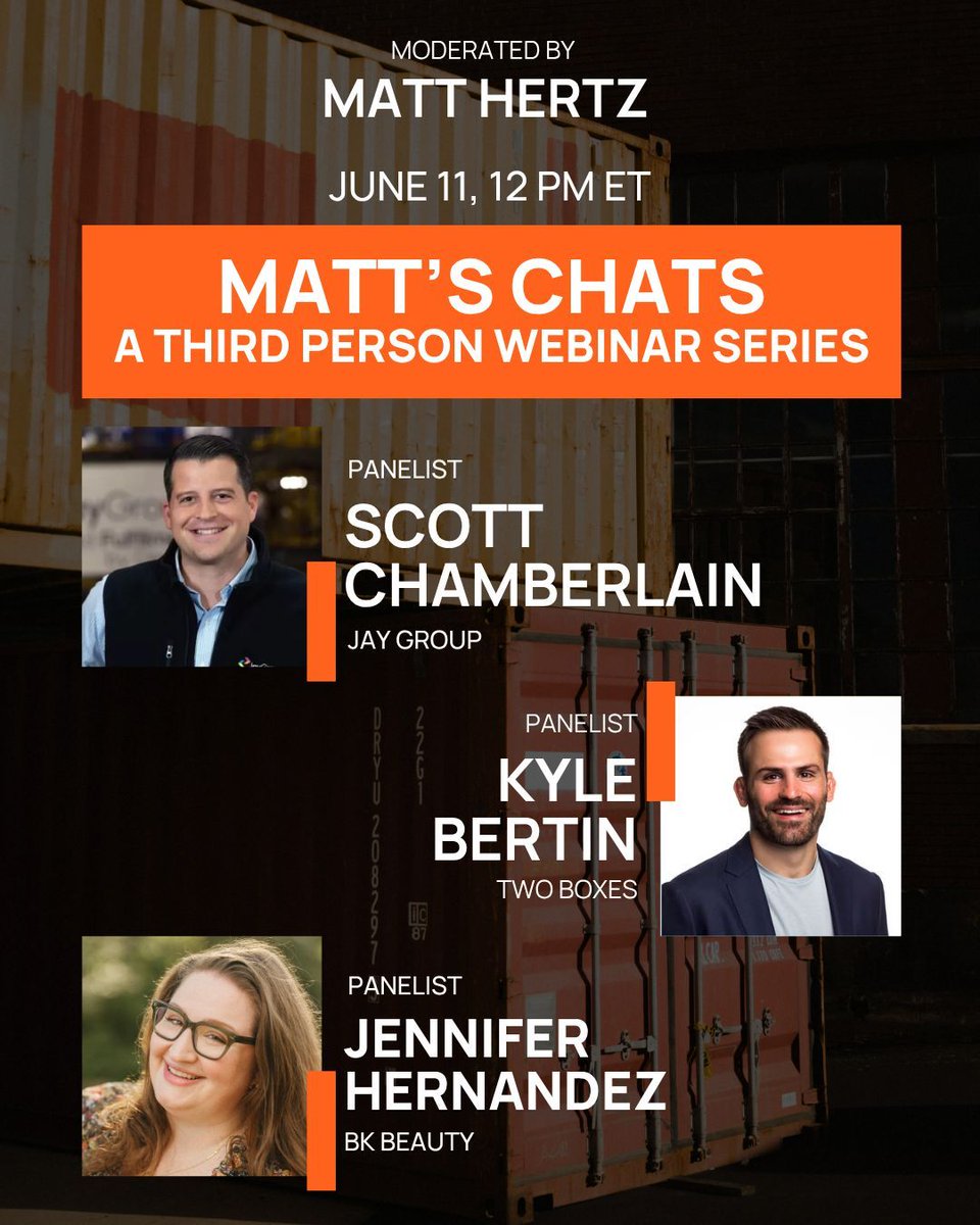 ThirdPersonCo's tweet image. Happening today: MATT'S CHATS, a Third Person webinar, is happening at 12 pm ET today! Register here: us06web.zoom.us/webinar/regist…
#Webinar #Logistics #ExpertPanel #Discussion #Zoom #Ecommerce #Warehouse #Tech #3PL