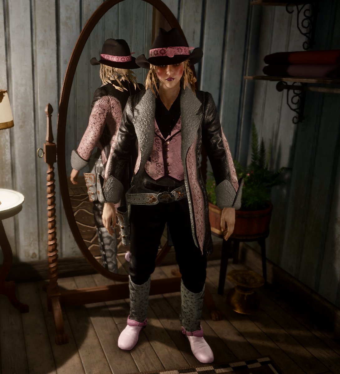 Candysseus's tweet photo. Happy #WardrobeWednesday🥳
we all know I mess with this IRWIN COAT on the #LimitedItems  list this month
but I've become extremely fond of these 
BECKER CHAPS not limited but on sale right now 

#RedDeadFits by #MissCandyLicious 🍭 #RedDeadOnline #RockstarGames #PS5 https://t.co/SAmUPvrsBi