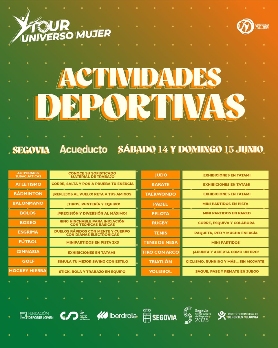 💥 ¡SEGOVIA SE LLENA DE DEPORTE Y ENERGÍA! 💥

Este finde en el Acueducto 👉 #TourUniversoMujer

+30 deportes, zumba, body combat, exhibiciones, artes marciales ¡GRATIS!

💃 Música, ritmo y mucho mucho deporte
📅 14 y 15 de junio

🎟️ ¡No te lo pierdas!