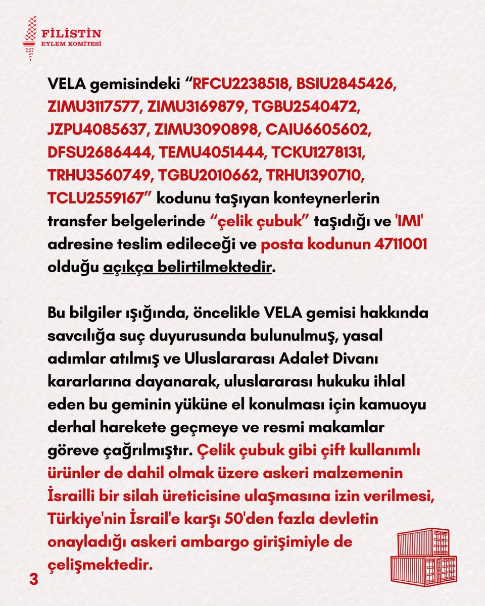 istanbulCHD's tweet photo. Mersin Cumhuriyet Başsavcılığına sunduğumuz dilekçede VELA gemisiyle İsrail’e çelik taşındığı belirtilmiş ve suç aleti olan yüke el konulması talep edilmiştir. Savcılık gereğini yapmamış ve İletişim Başkanlığı açıklaması sonrasında gemi limandan ayrılıp Aşdod Limanı’na gitmiştir. https://t.co/2jYQT8vDCo