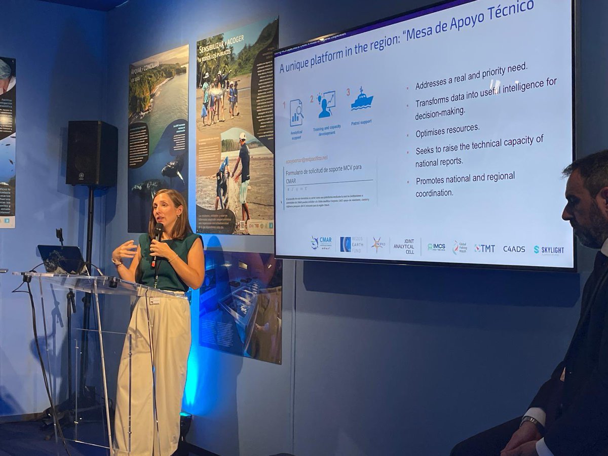 SkylightMarine's tweet image. Illegal fishing thrives where coordination breaks down.
At the CMAR Pavilion here at #UNOC2025, our own Natali Giomi joined key partners to spotlight how layers of tech—from real-time alerts to regional intel sharing—are transforming how countries fight IUU fishing.