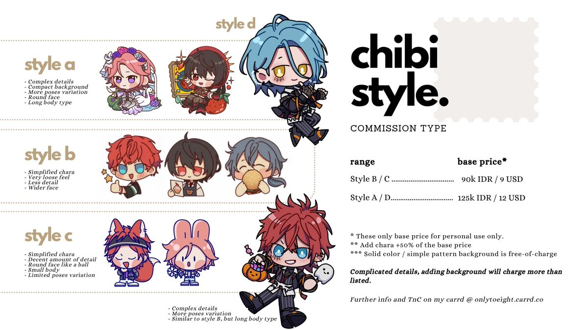 [New Comms Sheet]
Hi! My commission sheets have been updated with new samples ✨ Some items have been adjusted, and new items have been added. Please refer to the images below. Open for 3 slots each month.

Further info and TnC
onlytoeight.carrd.co

#Commission #opencomission