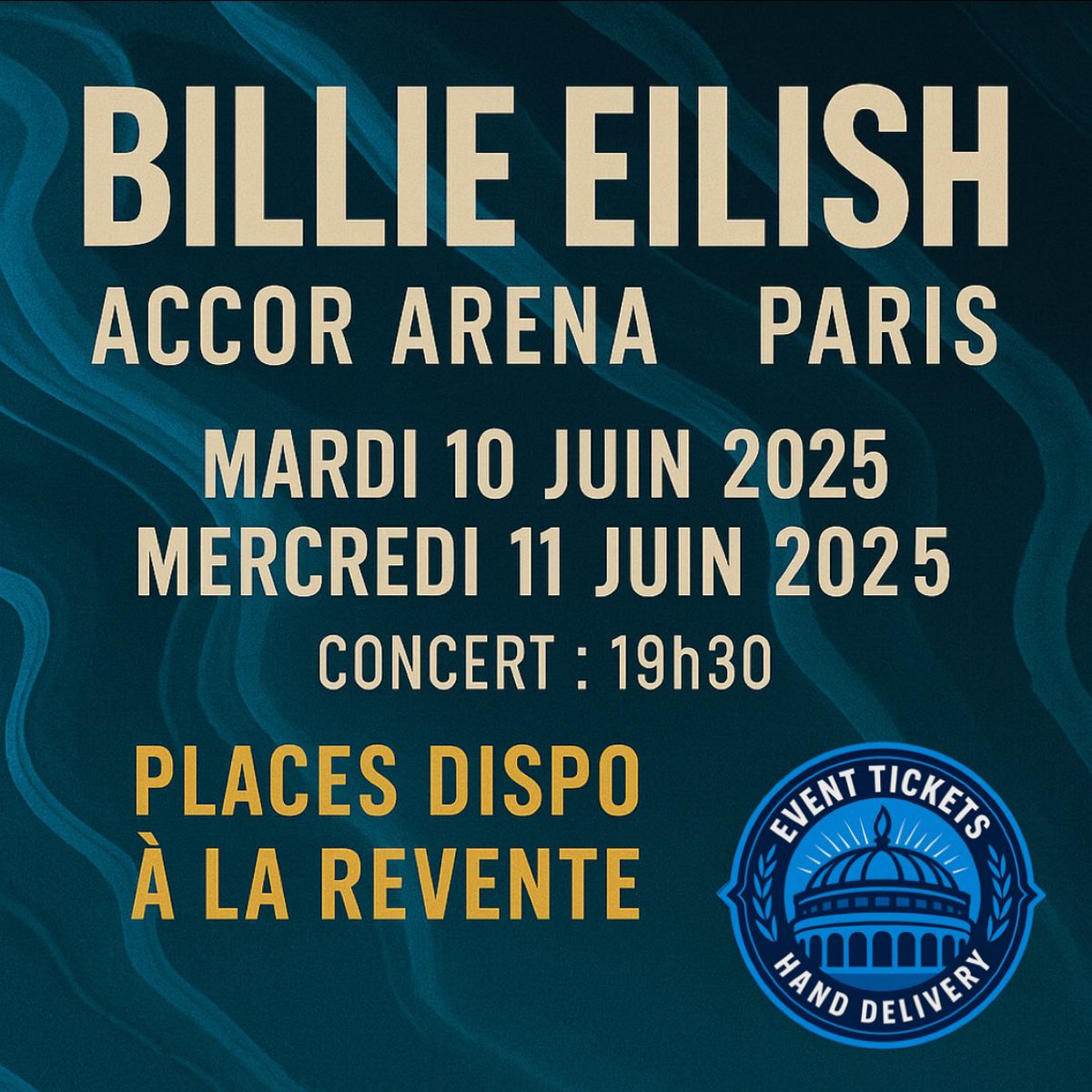 EventsTicketsFR's tweet photo. 🎤 Billie Eilish – Accor Arena, Paris
📅 Mardi 10 juin 2025 &amp; Mercredi 11 juin 2025

🎟️ Places dispo à la revente—remise en mains propres possible sur Marseille ou envoi sécurisé
📩DM pour réserver

#BillieEilish #Paris #AccorArena #HitMeHardAndSoftTour #Revente #EventsTicketsFR https://t.co/jSMhwXRm5C